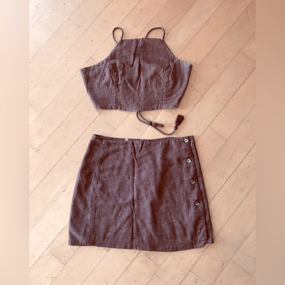 Free People Brown Linen-look Halter and Button Skirt set. Beautiful!